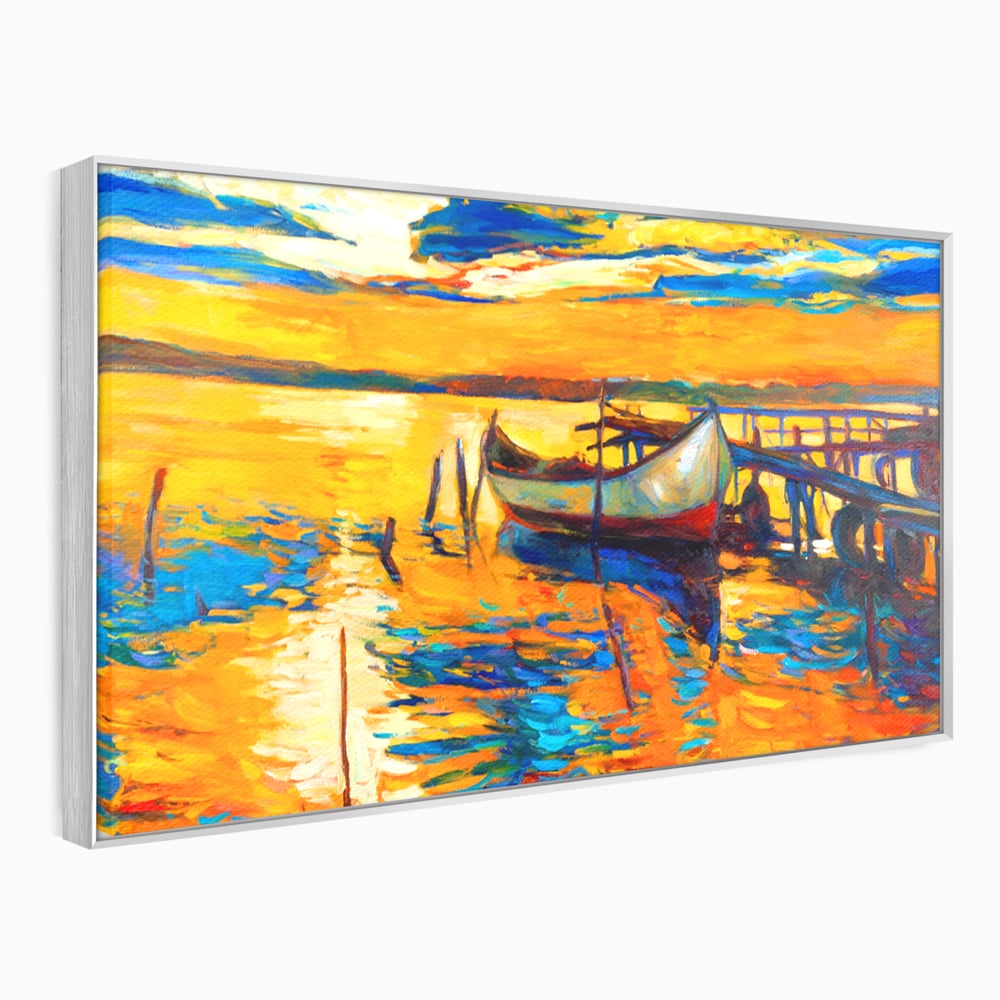 Tablou canvas cu pictura cu barca la apus, in rama de aluminiu argintiu